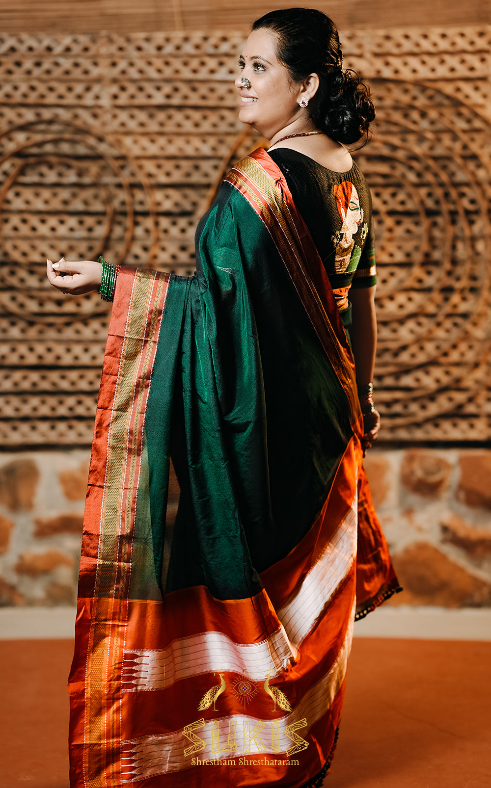 Green and red check handwoven Ilkal silk saree with traditional borders – Sukis.in